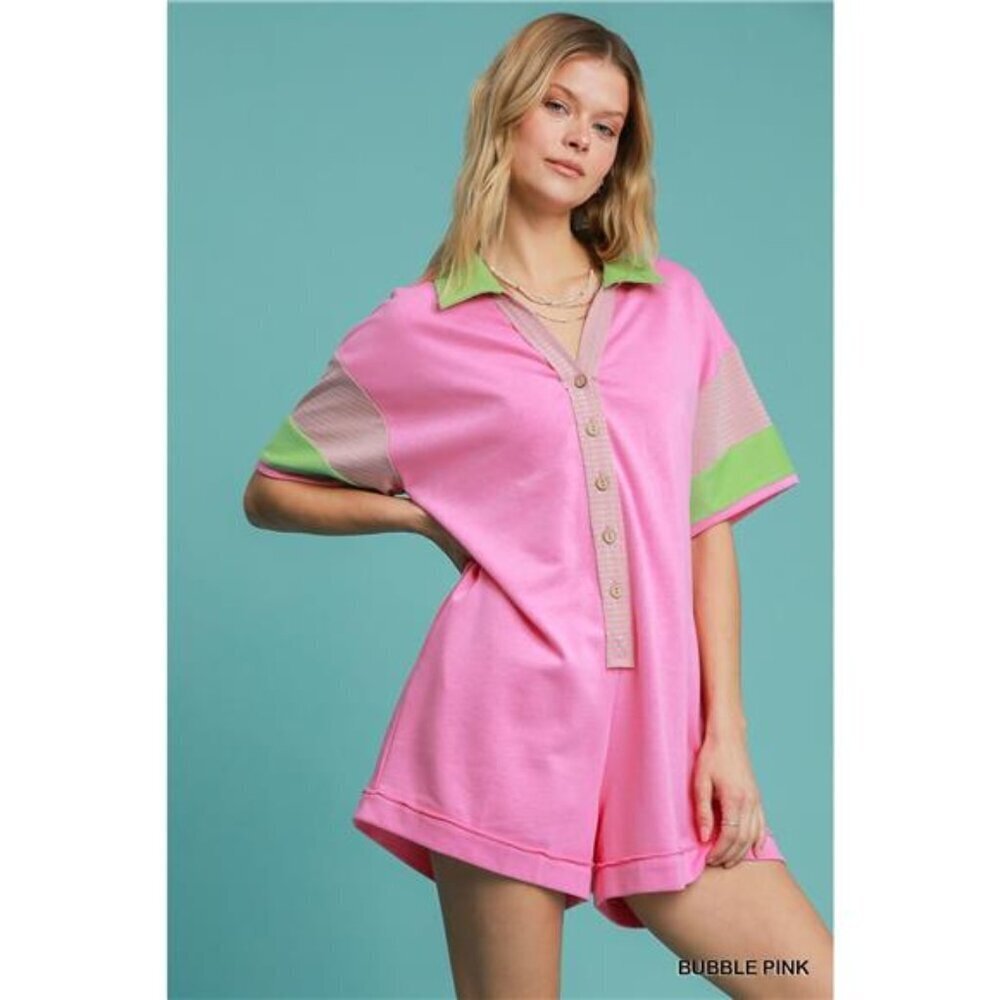 Umgee Contrast Trim Button Front Romper